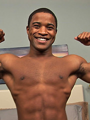 Ebony jock Landon shows his perfect abs and hard cock