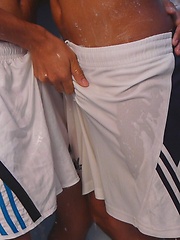 Ray and Nick wet the bed while they get soaked during a horny bareback piss session