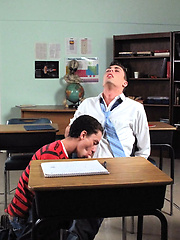 Two brat twinks hold a big dick contest in class and suck each other off