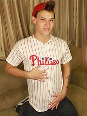 Athletic twink Bladen Sawyer strokes big dick.