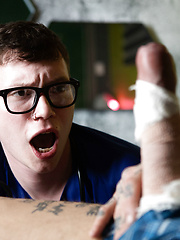 Nerdy twink Bo Sinn takes injured inked dude Marco Bianchi's cock in his ass