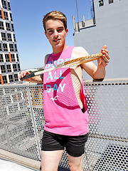 Pretty in Pink - Aussie boy Reece showing off in the public stairs