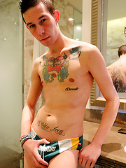 Super hung mates - Spanish twink Sergio Duque let's his giant cock out in the bath